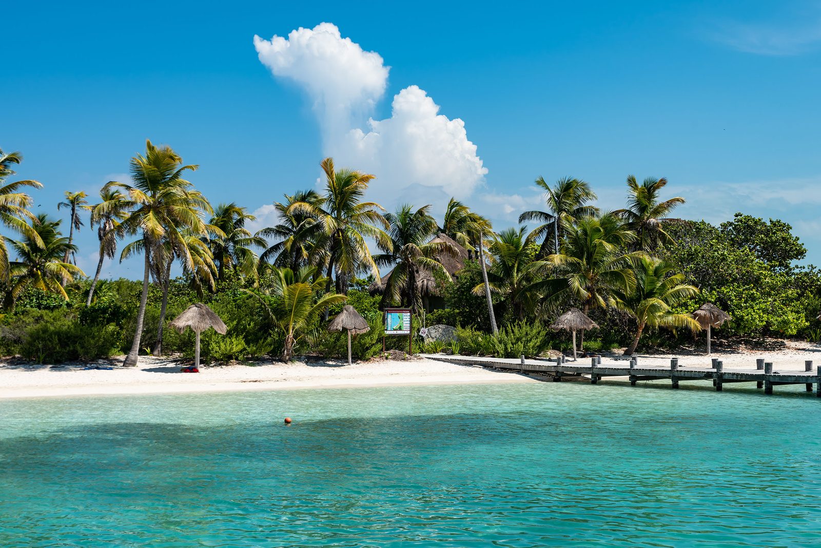 Palapas and pier on Isla Contoy beach